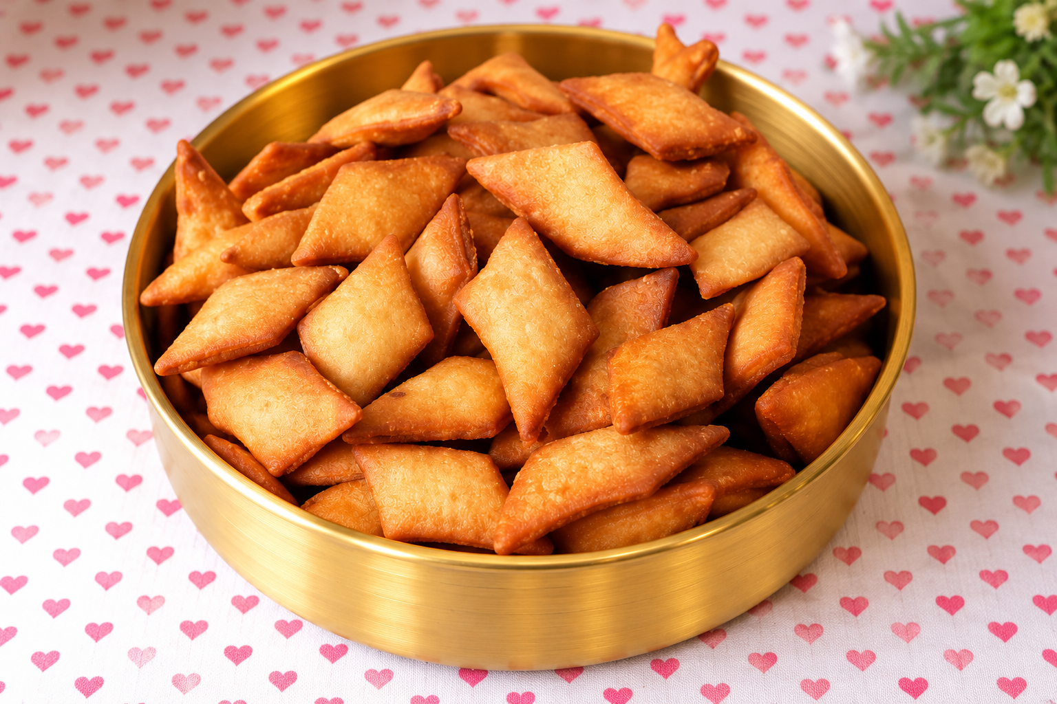 Golden Diamond Snacks in a Brass Bowl